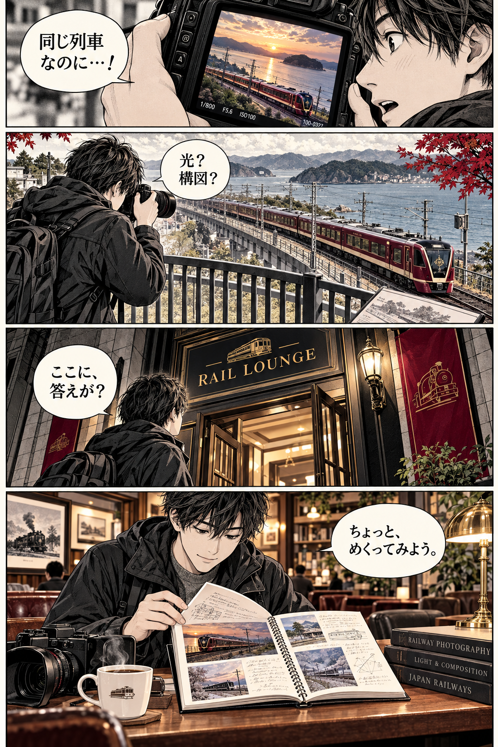 撮り鉄が写真の光と構図に興味を持ち、RAIL LOUNGEの扉を見つけ、撮影ノートを開く4コマ漫画