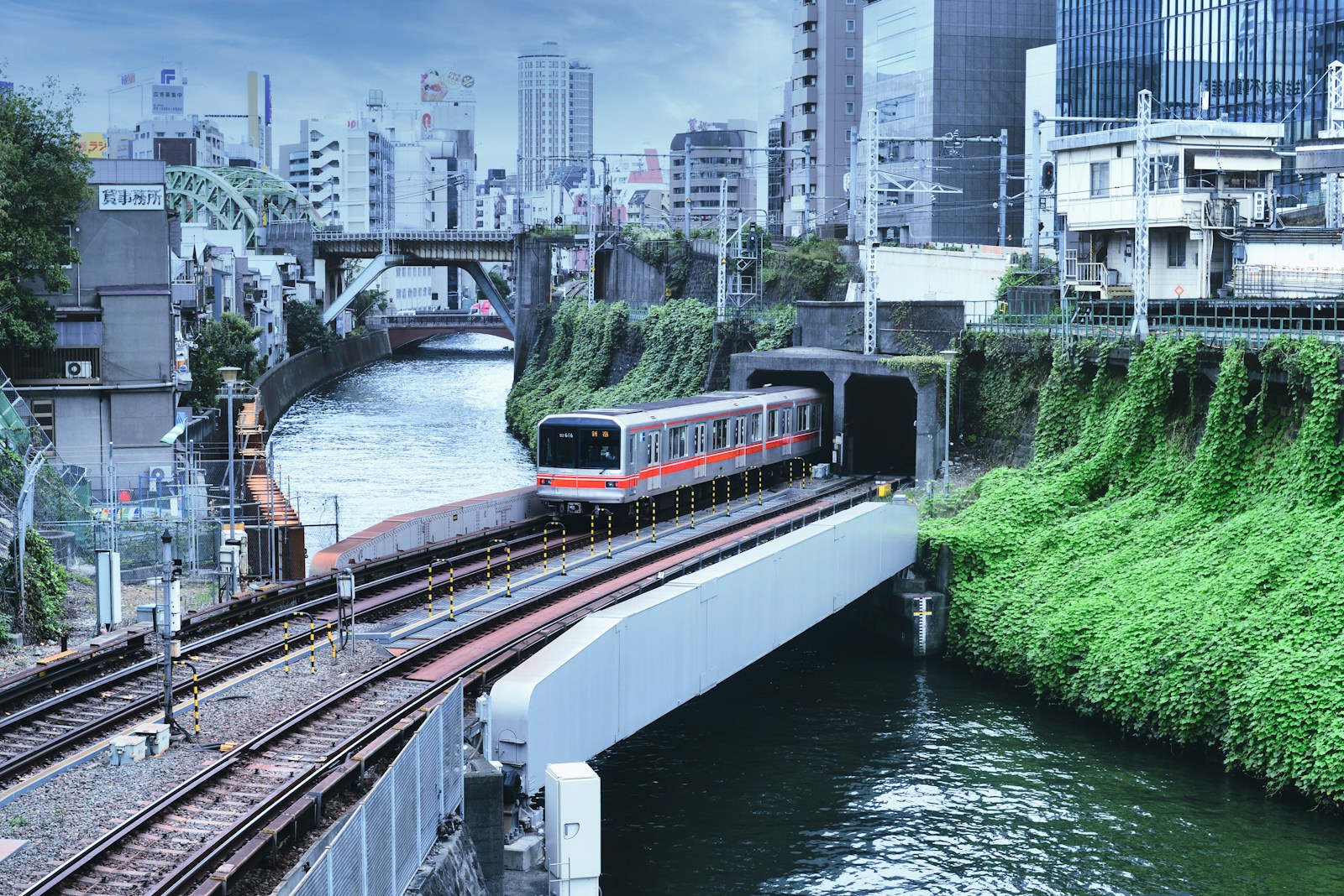 街を走る赤と白の電車